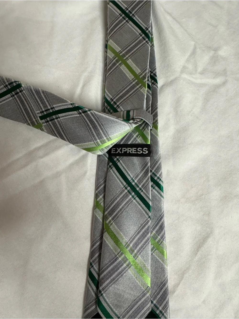 Express Gray Plaid Tie with Light and Dark Green Stripes